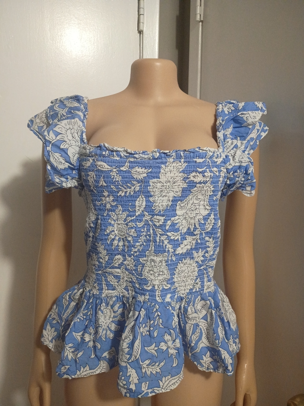 Blue Floral Smocked Peplum Blouse